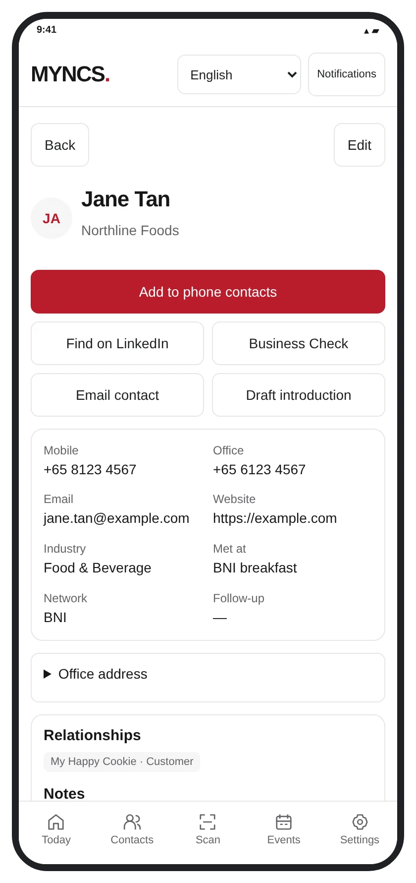 Sample MYNCS contact showing phone export, LinkedIn, industry and business relationships