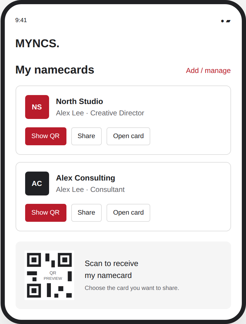 Illustrative MYNCS phone showing multiple digital namecards with sample details