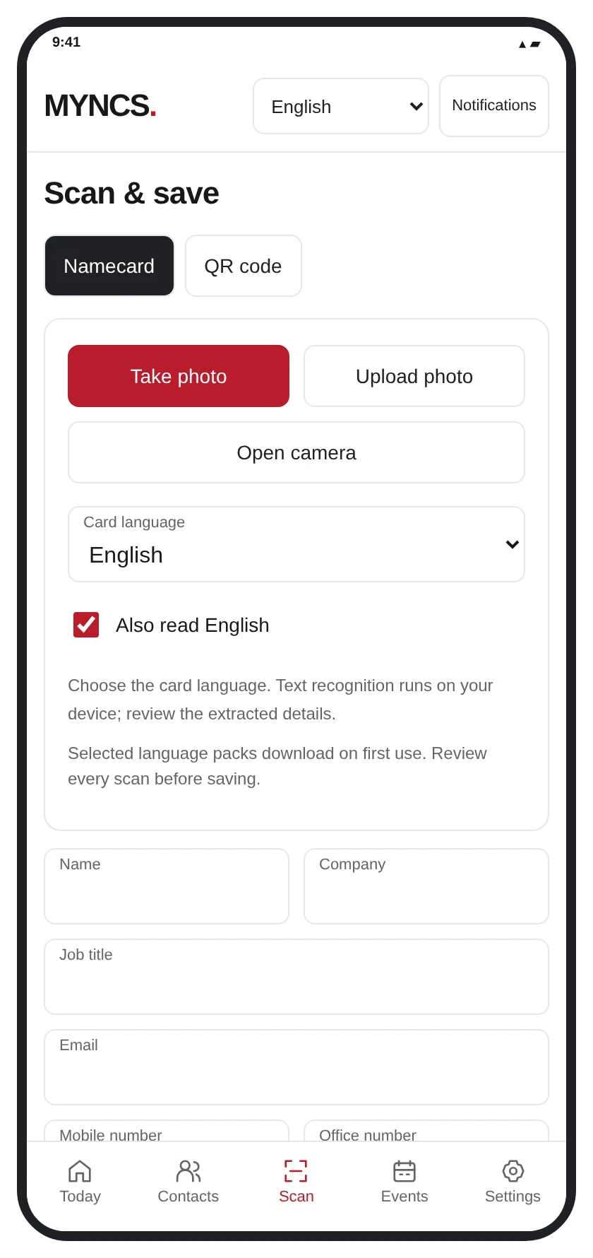 MYNCS mobile scan and save screen