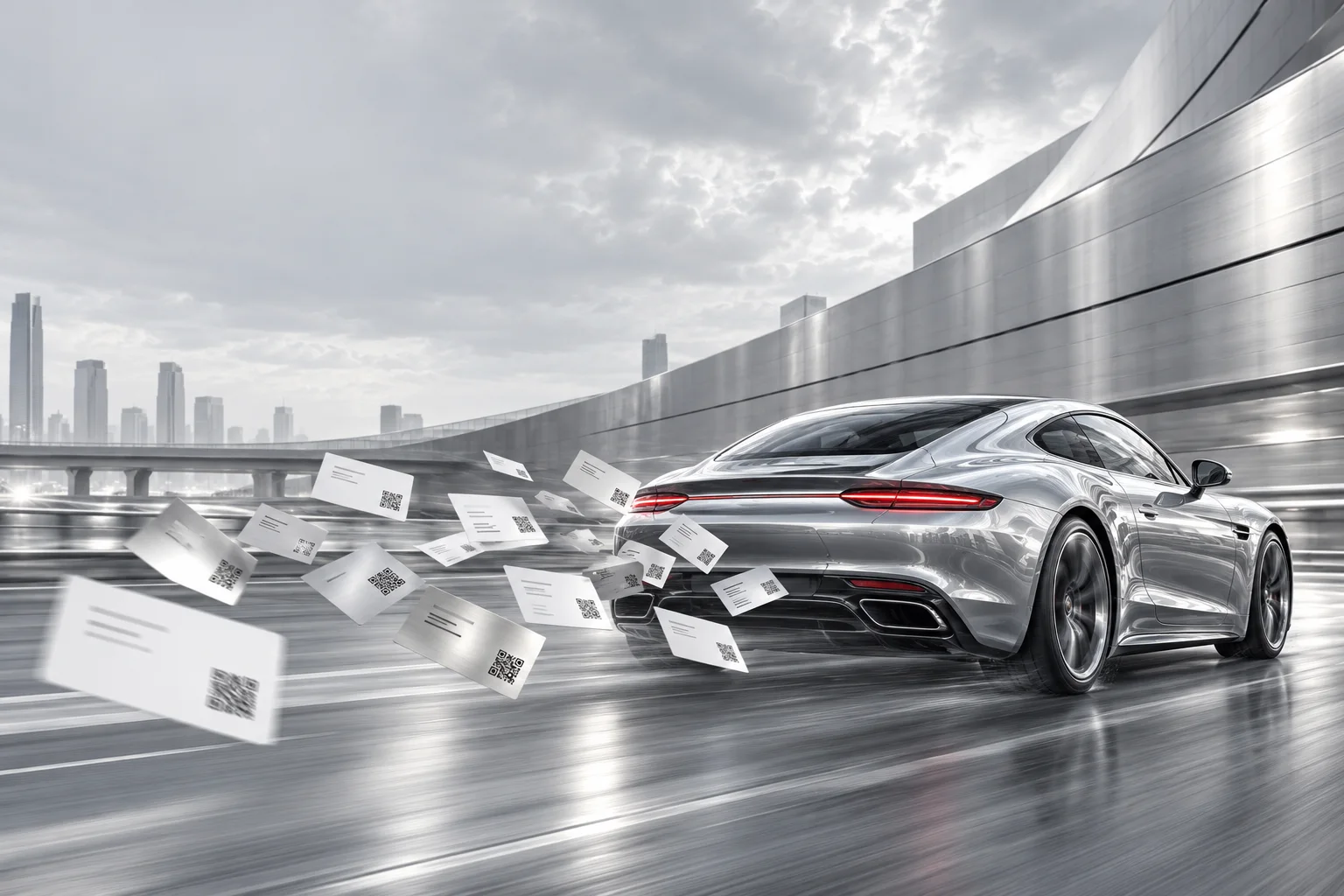 Silver sports car with namecards flying behind it